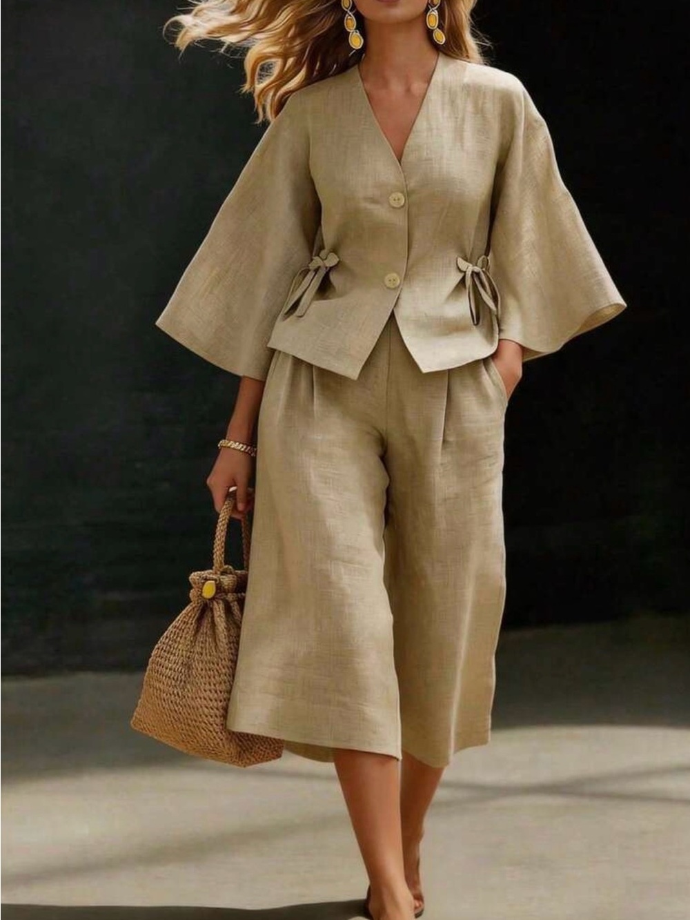 Linen Blend Wide-Leg Cropped Pants & top Set - Beige